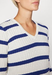 Blå och vit randig tröja med V-hals, med ett texturerat ribbat mönster och stickat material. Synlig sömnadsdetalj.