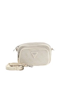 Borsa a tracolla bianca in tessuto con due scomparti con zip, motivo logo strutturato e tracolla regolabile. Presenta accessori in metallo argentato.