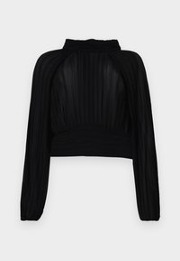 Top corto nero con texture plissettata, maniche lunghe, collo alto e dettagli arricciati all'orlo e alle spalle.