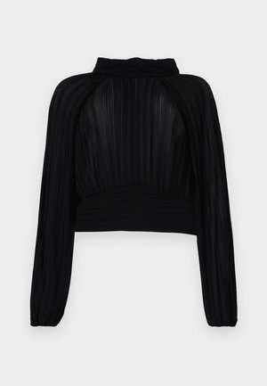 Sort cropped top med plisseret struktur, lange ærmer, høj hals og samlet detalje ved kanten og skuldrene.