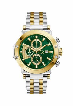 Orologio da polso in metallo bicolore argento e oro con quadrante verde, tre quadranti secondari, datario e indici e lancette color oro.