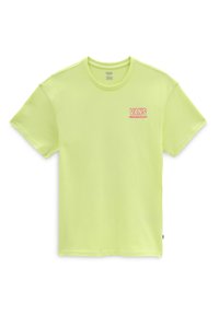 Camiseta de algodón verde claro con mangas cortas. Presenta un logotipo rosa de "VANS" en el área del pecho izquierdo. Diseño simple de cuello redondo.