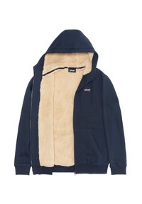 Marineblauwe hoodie met ritssluiting, een zachte, tan kleurige binnenvoering, elastische manchetten en twee zijzakken; heeft een klein logo op de borst.