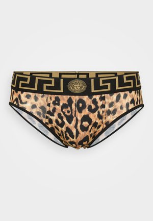 Leopardenmuster Slips mit schwarzem und goldfarbenem griechischem Schlüsselbund, der im Vorderteil ein Medusa-Emblem zeigt.