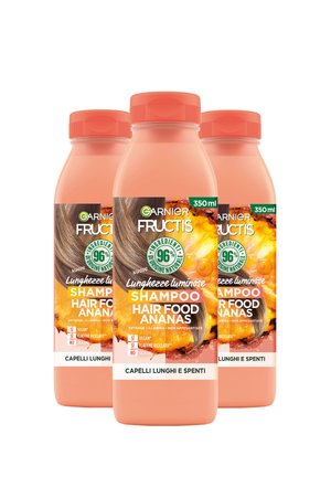 SHAMPOO PER LUNGHEZZE LUMINOSE FRUCTIS HAIR FOOD ANANAS. SHAMPOO IDEALE PER CAPELLI LUNGHI E SPENTI. PER CAPELLI PIÙ NUTRITI E LUMINOSI, 350 ML - 3 PACK - Shampoo