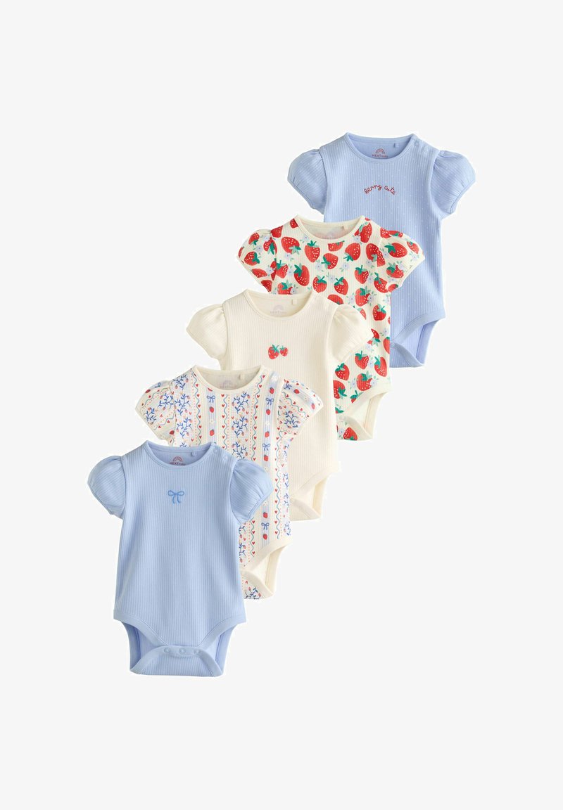 Cinque body neonato a maniche corte con maniche a sbuffo nei colori blu, crema, fantasia floreale, fragola e blu con la scritta "berry cute".