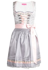 Robe traditionnelle avec un corsage lacé aux motifs blancs et noirs, jupe en vichy gris, ceinture en ruban rose et accents floraux sur l'ourlet.