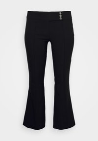 Black flared pants with a smooth fabric texture, featuring a high waist and two metallic button details at the front.