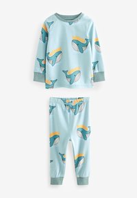 Ensemble de pyjama pour enfants bleu clair avec motifs de baleine et texte "WHALE", comprenant un haut à manches longues et un pantalon à taille élastique.