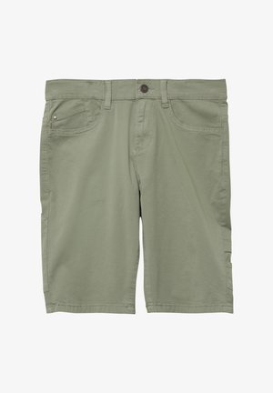 Khaki szorty wykonane z mieszanki bawełny. Charakteryzują się zamkiem błyskawicznym, przednimi kieszeniami oraz gładkim wykończeniem z podwójnymi szwami.