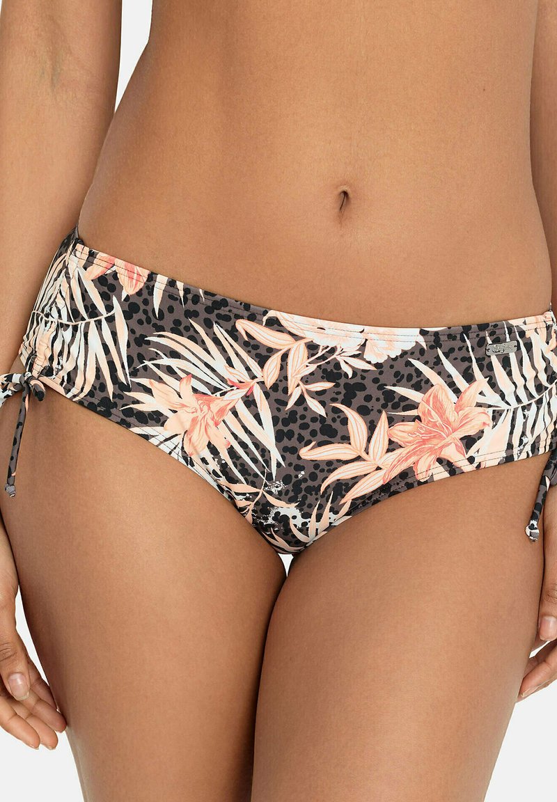 Bas de bikini floral en gris foncé avec des motifs tropicaux roses et blancs, liens sur les côtés réglables, et une texture de tissu douce et lisse.