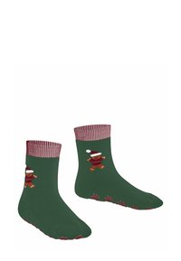 Zielone skarpetki z czerwonymi prążkowymi mankietami ozdobione wzorem piernikowego ludzika. Materiał: miękka tkanina, długość do kostki, teksturowana podeszwa.