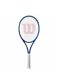 Wilson Tennisschläger mit blauem Rahmen, weißer Bespannung und rotem Logo. Verfügt über einen strukturierten weißen Griff und eine aerodynamische Kopfform.