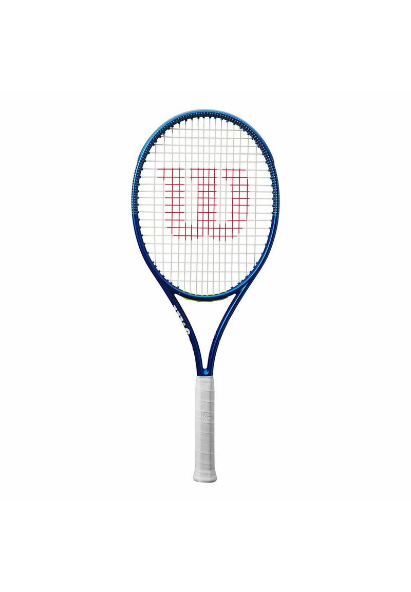 Wilson Tennisschläger mit blauem Rahmen, weißer Bespannung und rotem Logo. Verfügt über einen strukturierten weißen Griff und eine aerodynamische Kopfform.