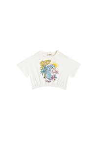 Witte cropped t-shirt met een kleurrijke strandthema graphic met een golf, palmbomen, zon en bloemen. Zachte katoen textuur, losse pasvorm.