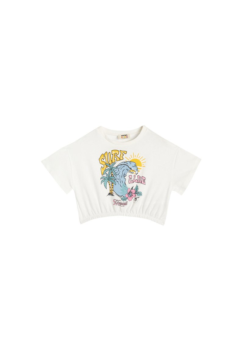Witte cropped t-shirt met een kleurrijke strandthema graphic met een golf, palmbomen, zon en bloemen. Zachte katoen textuur, losse pasvorm.