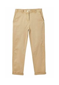 Beige chinos with a relaxed fit, made from cotton. Features side pockets, a front button closure, and rolled hems for a casual look.