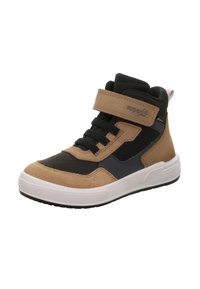 Wysokie trampki w kolorze tan, czarnym i granatowym. Posiadają zamszowy czubek oraz siateczkowe boki, z rzepem i teksturowaną gumową podeszwą dla lepszej przyczepności.