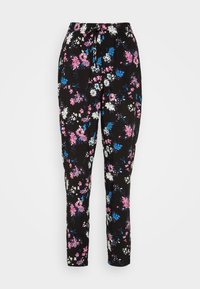 Pantalones negros con un patrón floral que presenta flores en tonos rosa, blanco y azul. Diseño entallado con una cintura elástica y cordón.
