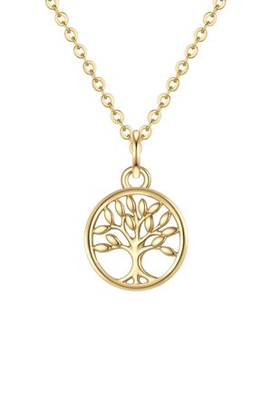 Collar de cadena dorada con un colgante circular que presenta un diseño detallado de un árbol con ramas y hojas.