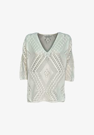 Maglione bianco lavorato a maglia con scollatura a V profonda, maniche corte, motivo in pizzo a rombi e dettagli texture su tutta la superficie. Design leggero e traspirante.