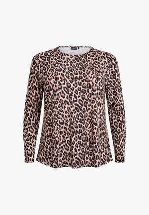 Blouse à manches longues en imprimé animal ; dotée d'un col rond, d'un tissu doux et d'une coupe ample. Les couleurs incluent le beige, le marron et le noir.