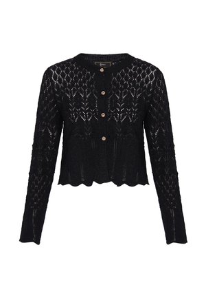 Zwarte cropped cardigan met lange mouwen, een kanten breipatroon, ronde halslijn, gegolfde zoom en vier decoratieve knopen aan de voorkant.
