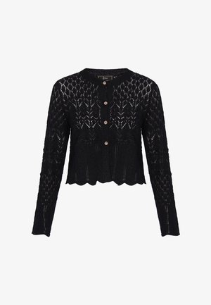 Zwarte cropped cardigan met lange mouwen, een kanten breipatroon, ronde halslijn, gegolfde zoom en vier decoratieve knopen aan de voorkant.