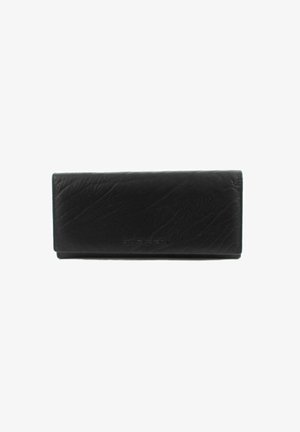 Black leather wallet with a smooth texture, rectangular shape, and a folded design. Subtle embossed branding on the front.