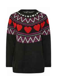 Pull en tricot noir avec un motif de cœurs colorés en rouge, rose et blanc, col rond et manches longues.