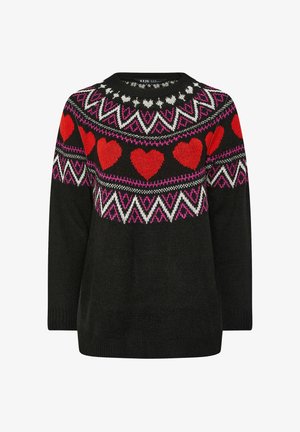 Mustat neulepaidat, joissa on värikäs sydänkuvio punaisena, vaaleanpunaisena ja valkoisena, pyöreä pääntie ja pitkät hihat.