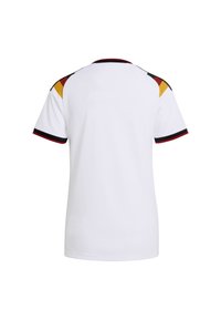 White short-sleeve shirt with black, red, and yellow accents on shoulders and sleeve cuffs, shown from the back on a plain background.
