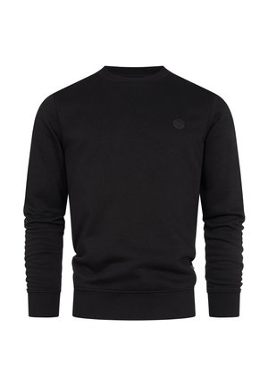Sudadera negra de algodón con cuello redondo, mangas largas y puños de canalé. Presenta un pequeño logo en relieve en el pecho.