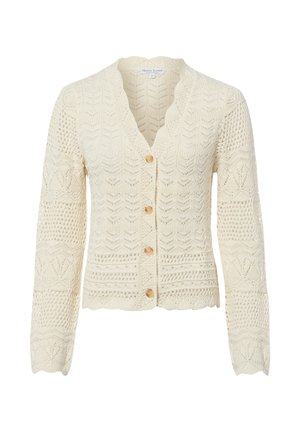 Cremefarbener gestrickter Cardigan mit gewellten Kanten, langen Ärmeln, filigranen Spitzenmustern und vier Holzknöpfen vorne.