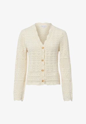Cremefarbener gestrickter Cardigan mit gewellten Kanten, langen Ärmeln, filigranen Spitzenmustern und vier Holzknöpfen vorne.