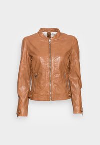 Bruine leren jas met een aansluitend design, staande kraag, twee voorritsen en decoratieve knopen op de manchetten. Gladde textuur en getailleerde vorm.