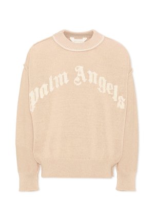 Beżowy sweter dziany z prążkowanymi mankietami i dołem, z napisem "Palm Angels" białą gotycką czcionką na piersi.