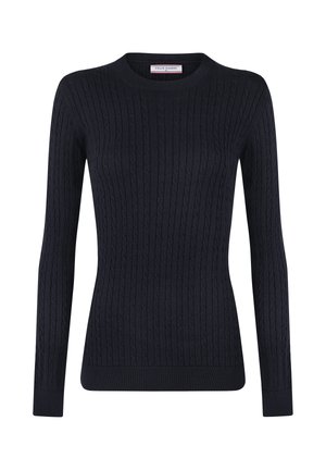 Granatowy sweter z długim rękawem, wykonany w stylu splotu warkoczowego, z okrągłym dekoltem oraz ściągaczami na mankietach i u dołu.