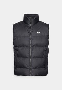 Black puffer vest with a high collar, front zipper, and two side pockets. Features a horizontal quilted design and white logo on the chest.