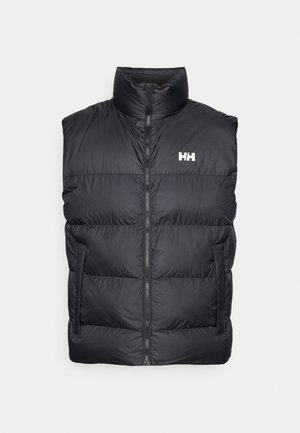 Zwarte puffer vest met een hoge kraag, een rits aan de voorkant en twee zakken aan de zijkant. Kenmerkt zich door een horizontaal gestikte design en een wit logo op de borst.