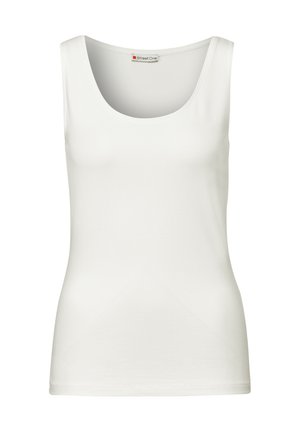 White sleeveless tank top with a rounded neckline, made of smooth cotton fabric, featuring a fitted shape and no visible patterns or accents.