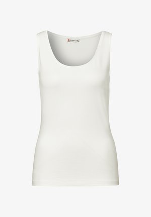 Weißes, ärmelloses Tanktop mit rundem Halsausschnitt, aus glattem Baumwollstoff gefertigt, mit taillierter Form und ohne sichtbare Muster oder Akzente.