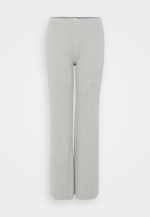 Svetlošedé nohavice s širokými nohavicami vyrobené z jemného rebrovaného materiálu. Majú jednoduchý pás s detailom na viazanie vpredu.