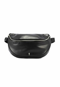 Czarna skórzana saszetka biodrowa o gładkiej fakturze, z zamkiem błyskawicznym na górze, zaokrąglonym kształcie oraz małym srebrnym logo na przodzie.