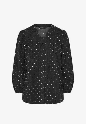 Czarna bluzka z długim rękawem w białe kropki, z guzikami z przodu, delikatnie bufiastymi rękawami i okrągłym dekoltem.