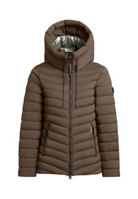 Polstrovaná hnědá bunda s vysokým límcem, která má zip vpředu, dvě boční kapsy na zip a lesklou metalickou podšívku.