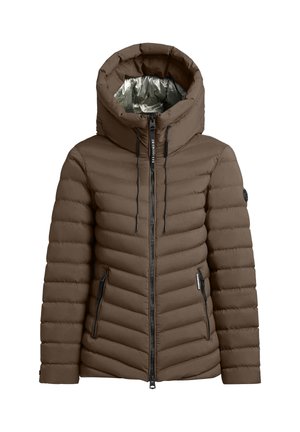 Polstret brun jakke med høj krave, der har lynlås foran, to lynlåsede sidelommer og en blank metallisk indvendig foring.