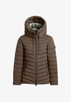 Pehme polsterdatud pruun jakk kõrge kraega, millel on lukuga esikülg, kaks lukuga külg taskut ning läikiv metallist sisekiht.