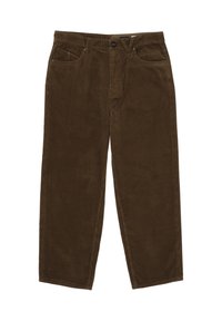 Pantalons en velours côtelé marron avec une coupe droite, un design à cinq poches et une fermeture à bouton, avec une texture côtelée verticale sur l'ensemble.
