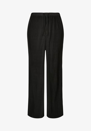 Svarte plisserte vide bukser med elastisk midje og snorjustering. Laget av lett materiale, med vertikale striper.